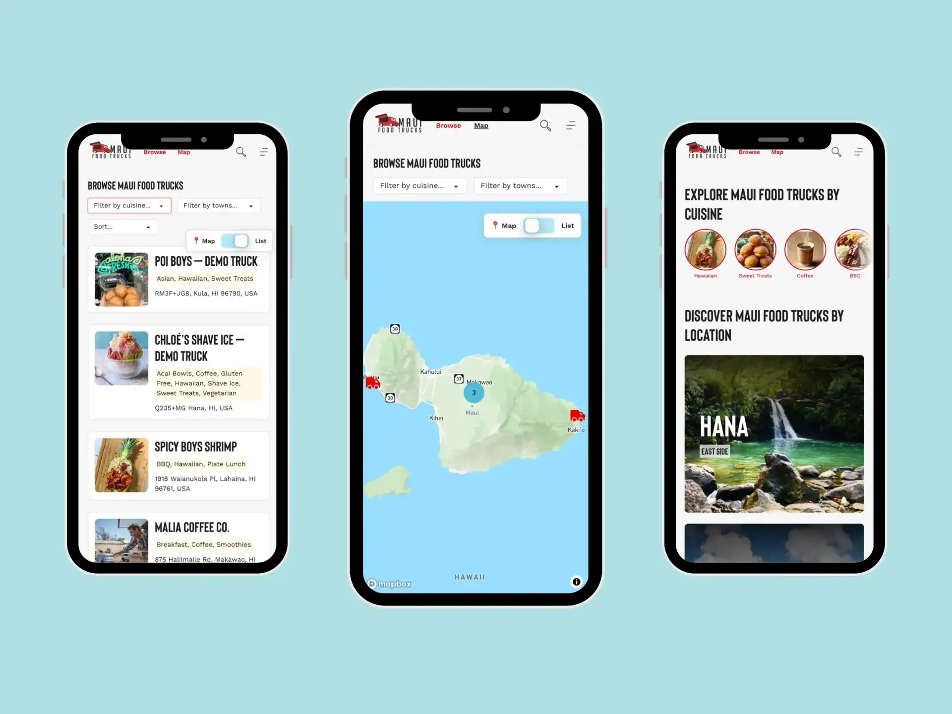 Mobile screenshots of the Maui Food Trucks interactive map that shows exactly where trucks are located, with filters for cuisine and region to help foodies find what they’re craving.