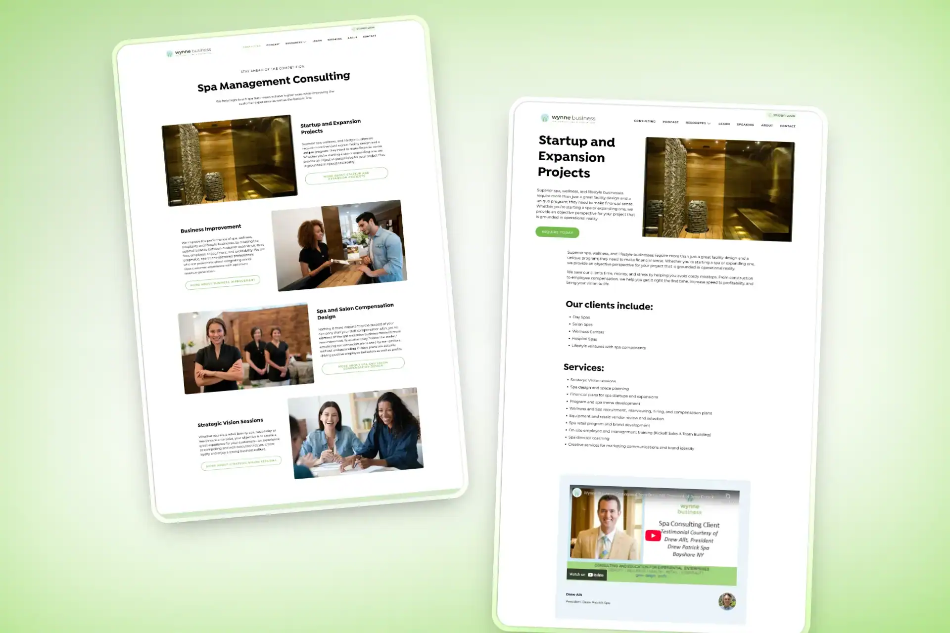 Wynne Business 4 Page layouts for the Wynne Business consulting services main page and an example individual services page