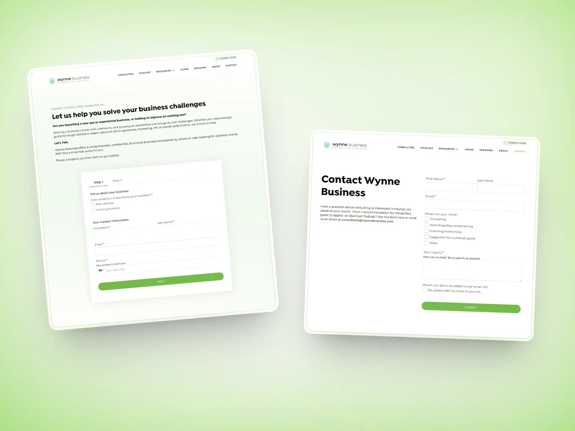 Wynne Business 5 Page layouts of the Wynne Business intake and contact form.