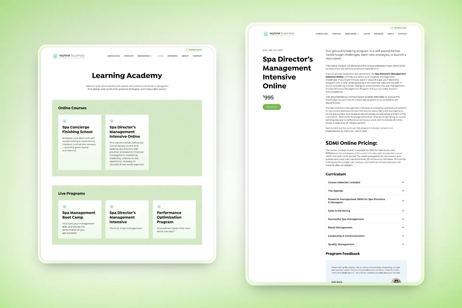 Wynne Business 3 Page layouts for the Wynne Business learning academy main page and example individual program page.